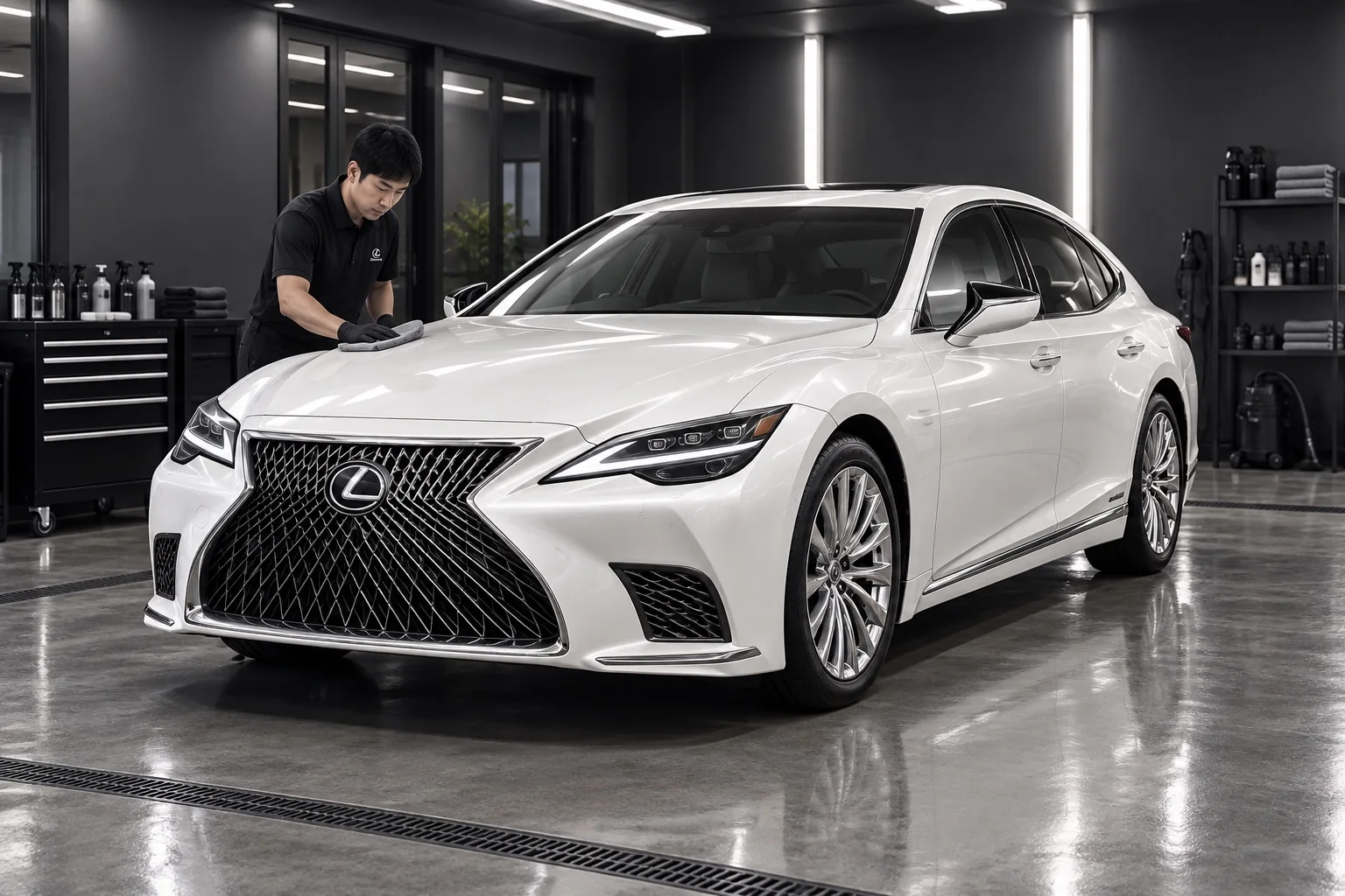 白いレクサスLS500hの仕上がりを確認